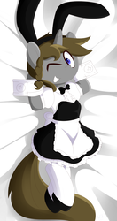 Size: 5000x9500 | Tagged: safe, artist:fullmetalpikmin, oc, oc only, oc:disty, pony, unicorn, absurd resolution, apron, bed, body pillow, body pillow design, bow, bunny ears, clothes, crossdressing, dress, frills, looking at you, maid, male, on bed, one eye closed, smiling, solo, stallion, stockings, thigh highs, wink