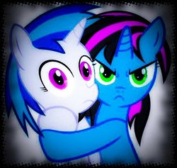 Size: 600x569 | Tagged: safe, artist:madmax, edit, dj pon-3, vinyl scratch, oc, oc:raxonxvi, pony, g4, canon x oc, female, femboy, holding a pony, hostage, male, mine!, possessive, recolor, shipping, straight