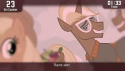 Size: 640x360 | Tagged: safe, edit, edited screencap, screencap, applejack, trenderhoof, earth pony, pony, unicorn, cinemare sins, g4, simple ways, caption, female, male, mare, racism, stallion