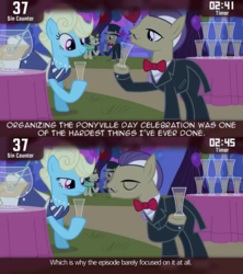 Size: 640x720 | Tagged: safe, edit, edited screencap, screencap, eclair créme, fine line, maxie, earth pony, pony, cinemare sins, g4, simple ways, bowtie, clothes, drink, female, high standing, male, mare, multeity, raised hoof, smiling, stallion, tuxedo, unnamed character, unnamed pony