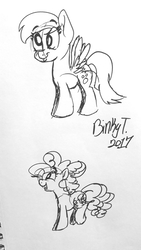 Size: 1836x3264 | Tagged: safe, artist:binkyt11, derpibooru exclusive, derpy hooves, pinkie pie, earth pony, pegasus, pony, g4, female, mare, monochrome, signature, tongue out, traditional art