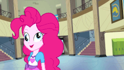 Size: 1920x1080 | Tagged: safe, artist:nixli2000, part of a set, pinkie pie, equestria girls, g4, absurd file size, absurd gif size, animated, canterlot high, day, derp, eg groove, female, gif, happy, part of a series, pinkie derp, smiling