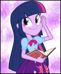 Size: 1749x2110 | Tagged: safe, artist:lunchie, artist:namyg, twilight sparkle, equestria girls, g4, my little pony equestria girls: rainbow rocks, adorkable, beautiful, book, clothes, cute, dork, end credits, female, looking at you, shine like rainbows, signature, solo, twiabetes