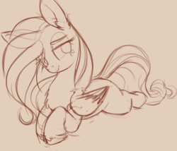 Size: 1280x1095 | Tagged: safe, artist:yoditax, fluttershy, pony, g4, female, long mane, lying, monochrome, sketch, solo