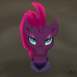 Size: 1000x1000 | Tagged: dead source, safe, artist:afterman, tempest shadow, pony, unicorn, g4, my little pony: the movie, abstract background, broken horn, bust, eye scar, female, head, horn, mare, scar, serious, serious face, solo
