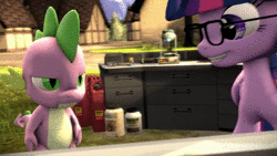 Size: 1280x720 | Tagged: safe, artist:argodaemon, owlowiscious, spike, twilight sparkle, alicorn, dragon, pony, ponies the anthology v, g4, 3d, abuse, animated, borderlands the pre-sequel, crazy grin, female, glasses, golden oaks library, grin, i can't believe it's not sci-twi, mare, rocket, science, smiling, sound, source filmmaker, spikeabuse, tail, tail wag, the science button, twilight sparkle (alicorn), twilight's professional glasses, webm, youtube link