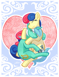 Size: 720x937 | Tagged: safe, artist:texasuberalles, bon bon, lyra heartstrings, sweetie drops, earth pony, pony, unicorn, g4, colored pencil drawing, eyes closed, female, hug, lesbian, mare, marker drawing, ship:lyrabon, shipping, traditional art