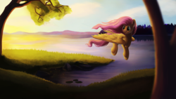 Size: 1920x1080 | Tagged: safe, artist:camyllea, fluttershy, pegasus, pony, g4, female, flying, grass, looking at something, mare, scenery, smiling, solo, spread wings, tree, turned head, water, windswept mane, wings