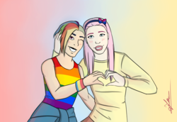 Size: 3120x2150 | Tagged: safe, artist:angelpony99, fluttershy, rainbow dash, human, g4, bisexual pride flag, duo, female, gay pride flag, high res, humanized, lesbian, love, pride, ship:flutterdash, shipping