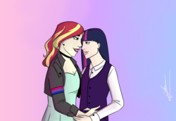 Size: 3120x2150 | Tagged: safe, artist:angelpony99, sunset shimmer, twilight sparkle, human, g4, duo, female, gradient background, high res, humanized, lesbian, love, ship:sunsetsparkle, shipping