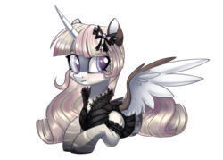 Size: 2300x1648 | Tagged: safe, artist:mp-printer, oc, oc only, alicorn, pony, alicorn oc, clothes, female, mare, prone, simple background, smiling, transparent background