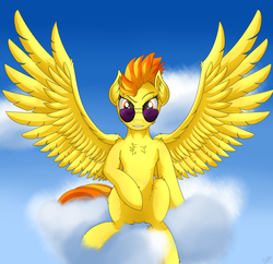 Size: 3000x2900 | Tagged: safe, artist:orangejuicerus, spitfire, pegasus, pony, g4, chest fluff, cloud, female, high res, looking at you, mare, smiling, solo, spread wings, sunglasses, wings