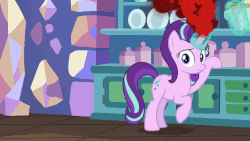 Size: 768x432 | Tagged: safe, edit, screencap, starlight glimmer, pony, unicorn, all bottled up, g4, anger magic, animated, bottle, caption, cupboard, eyes closed, fear, female, floppy ears, gesture, gif, jar, kitchen, levitation, magic, plate, pointing, shame, solo, teapot, telekinesis, text, twilight's castle, worried