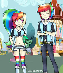 Size: 1392x1616 | Tagged: safe, artist:dashblitz90-fonnie, rainbow dash, tank, human, g4, alternate hairstyle, belly button, belt, boots, clothes, duality, eyes closed, female, fingerless gloves, gloves, humanized, male, midriff, ponyville, rainbow blitz, rainbow socks, rule 63, shoes, shorts, socks, striped socks, winged humanization, wings