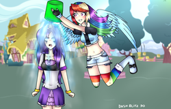 Size: 2052x1312 | Tagged: safe, artist:dashblitz90-fonnie, rainbow dash, rarity, human, g4, alternate hairstyle, belly button, boots, bucket, clothes, ear piercing, earring, eyeliner, fingerless gloves, flying, gloves, horn, horned humanization, humanized, jewelry, makeup, midriff, nail polish, piercing, ponyville, prank, rainbow douche, rainbow socks, running makeup, shoes, shorts, skirt, socks, striped socks, water, wet, wet hair, winged humanization, wings