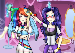Size: 1542x1098 | Tagged: safe, artist:dashblitz90-fonnie, rainbow dash, rarity, human, alternate hairstyle, annoyed, brush, choker, clothes, crossed arms, cute, dress, duo, eyeshadow, female, glasses, horned humanization, humanized, makeover, makeup, rainbow dash always dresses in style, skirt, tomboy taming, winged humanization, wings