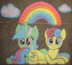 Size: 3327x3006 | Tagged: safe, artist:malte279, bon bon, lyra heartstrings, sweetie drops, earth pony, pony, g4, chalk art, chalk drawing, female, high res, lesbian, rainbow, ship:lyrabon, shipping