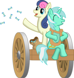 Size: 1561x1640 | Tagged: safe, artist:malte279, bon bon, lyra heartstrings, sweetie drops, earth pony, pony, g4, candy, female, food, lesbian, lyre, ship:lyrabon, shipping, simple background, transparent background, wagon