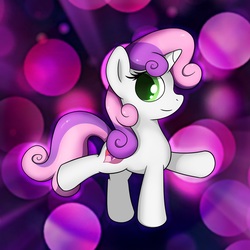Size: 2539x2539 | Tagged: safe, artist:conniethecasanova, artist:flamevulture17, edit, sweetie belle, pony, unicorn, g4, cute, extended trot pose, female, filly, high res, raised hoof, smiling, solo, wallpaper, wallpaper edit