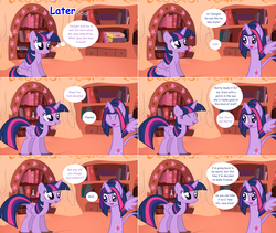 Size: 2564x2168 | Tagged: safe, artist:hakunohamikage, twilight sparkle, alicorn, pony, ask-princesssparkle, g4, alternate hairstyle, ask, askpinytwilight, dialogue, eyes closed, female, golden oaks library, high res, looking at each other, mare, sitting, smiling, solo, tumblr, twilight sparkle (alicorn)