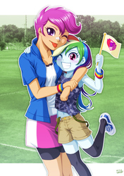 Size: 900x1277 | Tagged: safe, artist:uotapo, rainbow dash, scootaloo, equestria girls, g4, :p, age swap, armpits, banner, belly button, blushing, clothes, clothes swap, cute, cutealoo, dashabetes, duo, female, flag, grass, grin, hug, midriff, older, one eye closed, role reversal, shoes, shorts, skirt, smiling, socks, tomboy, tongue out, tree, uotapo is trying to murder us, wink, wristband, younger