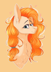 Size: 1024x1431 | Tagged: safe, artist:cupofvanillatea, pear butter, earth pony, pony, g4, the perfect pear, bust, chest fluff, female, orange background, portrait, simple background, solo