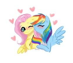 Size: 849x733 | Tagged: safe, artist:lunnitavaldez, fluttershy, rainbow dash, pegasus, pony, my little brony risovach, g4, blushing, eyes closed, female, floppy ears, gay pride flag, heart, lesbian, lgbt, mare, one eye closed, pride, pride flag, ship:flutterdash, shipping, simple background, smiling, white background, wink