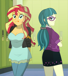 Size: 2294x2536 | Tagged: safe, artist:sumin6301, juniper montage, sunset shimmer, equestria girls, equestria girls specials, g4, my little pony equestria girls: movie magic, :p, breasts, cleavage, clothes, duo, high res, looking at you, silly, tongue out
