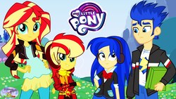 Size: 1280x720 | Tagged: artist needed, safe, flash sentry, sunset shimmer, oc, equestria girls, g4, family, female, male, my little pony logo, offspring, parent:flash sentry, parent:sunset shimmer, parents:flashimmer, ship:flashimmer, shipping, straight