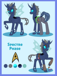 Size: 700x920 | Tagged: safe, artist:silkensaddle, oc, oc only, oc:spectre phase, changeling, blue changeling, changeling oc, potion, potion making, reference sheet, star trek