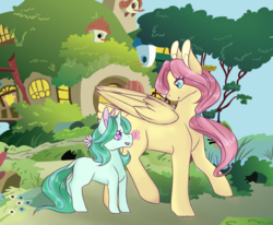 Size: 1024x843 | Tagged: safe, artist:uniquecolorchaos, fluttershy, oc, oc:flora ivy, pony, unicorn, g4, adopted offspring, female, filly, fluttershy's cottage, mother and daughter, offspring, parent:braeburn, parent:fluttershy, parents:braeshy