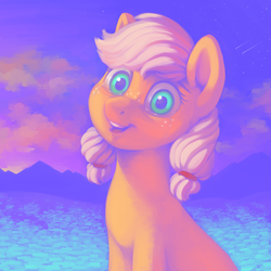 Size: 2000x2000 | Tagged: safe, artist:verulence, applejack, earth pony, pony, g4, crying, cute, female, freckles, high res, jackabetes, looking at you, pigtails, solo, younger