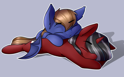 Size: 2400x1500 | Tagged: safe, artist:captainpudgemuffin, oc, bat pony, pony, unicorn, commission, duo, eyes closed, female, mare, prone, sleeping