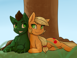 Size: 1280x960 | Tagged: safe, artist:captainpudgemuffin, applejack, oc, earth pony, pegasus, pony, g4, canon x oc, commission, female, looking at each other, male, mare, no pupils, stallion, straight, tree