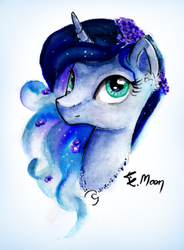 Size: 1000x1360 | Tagged: safe, artist:lailyren, princess luna, pony, g4, bust, female, flower, flower in hair, portrait, solo, traditional art, watercolor painting