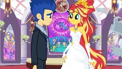 Size: 1280x720 | Tagged: artist needed, safe, flash sentry, sunset shimmer, equestria girls, g4, bare shoulders, female, male, marriage, ship:flashimmer, shipping, sleeveless, straight, strapless, wedding, youtube