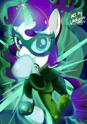 Size: 1024x1453 | Tagged: safe, artist:kumikoponylk, rarity, pony, unicorn, g4, abstract background, clothes, costume, female, green lantern, mare, solo, watermark