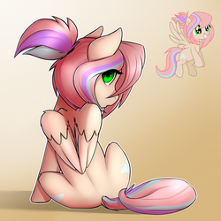 Size: 2400x2400 | Tagged: safe, artist:captainpudgemuffin, oc, oc only, oc:sweet skies, pegasus, pony, commission, cute, female, gradient background, high res, looking at you, looking back, looking back at you, mare, ocbetes, sitting, solo