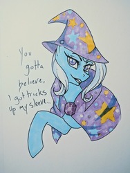 Size: 711x948 | Tagged: safe, artist:teaxstorm, trixie, pony, unicorn, g4, cape, clothes, colored pupils, dialogue, female, grin, hat, looking at you, mare, raised hoof, simple background, smiling, solo, trixie's cape, trixie's hat, white background