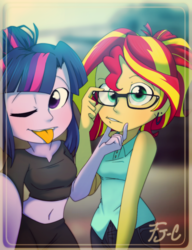 Size: 1000x1300 | Tagged: safe, artist:fj-c, sci-twi, sunset shimmer, twilight sparkle, equestria girls, g4, :p, accessory swap, adorasexy, belly button, blouse, clothes, cute, duo, female, friendshipping, glasses, midriff, one eye closed, selfie, sexy, shimmerbetes, short shirt, sleeveless, sunspecs shimmer, tongue out, twiabetes, wink