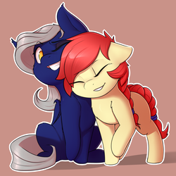 Size: 2400x2400 | Tagged: safe, artist:captainpudgemuffin, oc, earth pony, pegasus, pony, commission, cute, eyes closed, female, floppy ears, high res, lesbian, mare, nuzzling, oc x oc, ocbetes, one eye closed, shipping, simple background, smiling, snuggling