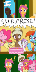 Size: 1600x3200 | Tagged: safe, artist:jake heritagu, apple bloom, pinkie pie, rainbow dash, scootaloo, sweetie belle, oc, oc:sandy hooves, pony, comic:ask motherly scootaloo, g4, birthday cake, cake, candle, clothes, comic, crying, food, motherly scootaloo, scarf, sweatshirt