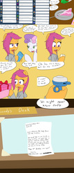 Size: 2420x5640 | Tagged: safe, artist:jake heritagu, pinkie pie, scootaloo, sweetie belle, pony, comic:ask motherly scootaloo, g4, ask, bell, birthday cake, cake, card, clothes, comic, desk, food, fork, high res, letter, motherly scootaloo, party horn, plate, present, sweatshirt