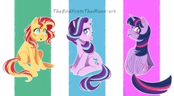 Size: 6551x3609 | Tagged: safe, artist:thebirdfromthemoon, starlight glimmer, sunset shimmer, twilight sparkle, alicorn, pony, unicorn, absurd resolution, backwards cutie mark, blushing, both cutie marks, cute, female, glimmerbetes, looking back, mare, shimmerbetes, sitting, smiling, tongue out, trio, trio female, twiabetes, twilight sparkle (alicorn)