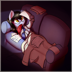 Size: 2400x2400 | Tagged: safe, artist:captainpudgemuffin, oc, oc only, oc:tail, pony, fanfic:no longer displaced, clothes, coat, commission, couch, cute, feather, female, glasses, grading, high res, jacket, lying down, mare, mouth hold, necktie, on back, paper, quill, shirt, solo