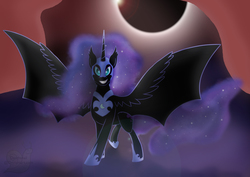Size: 3508x2480 | Tagged: safe, artist:snailbert-arts, nightmare moon, alicorn, pony, g4, bat wings, eclipse, female, grin, high res, looking at you, smiling, solar eclipse, solo, spread wings, wings