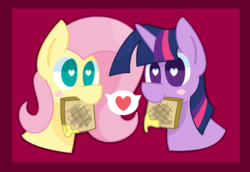 Size: 1226x844 | Tagged: safe, artist:redrose26, fluttershy, twilight sparkle, pony, g4, blushing, bread, female, food, heart, heart eyes, lesbian, mouth hold, ship:twishy, shipping, simple background, toast, wingding eyes