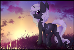 Size: 3597x2417 | Tagged: safe, artist:teranen, oc, oc only, oc:moon shard, pony, unicorn, butt, cloud, colored pupils, commission, female, grass, high res, looking back, mare, outdoors, plot, solo, sunset, twilight (astronomy), underhoof, ych result