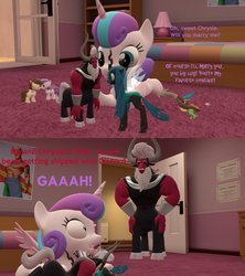 Size: 1920x2160 | Tagged: safe, artist:red4567, discord, lord tirek, pound cake, princess flurry heart, queen chrysalis, alicorn, centaur, changeling, draconequus, pegasus, pony, taur, g4, 3d, dark helmet, dialogue, filly pound cake, filly pumpkin cake, flurry the shipper, lampshade hanging, like mother like daughter, like parent like child, male, older, older flurry heart, older pound cake, scared, ship:chrysirek, ship:poundflurry, shipper on deck, shipping, source filmmaker, spaceballs the tag, straight, tirek is not amused, unamused