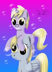 Size: 1449x2000 | Tagged: safe, artist:trackheadtherobopony, derpy hooves, dinky hooves, pegasus, pony, unicorn, g4, bubble, cute, dinkabetes, dinky riding derpy, equestria's best mother, female, filly, mare, mother and daughter, ponies riding ponies, pony hat, riding